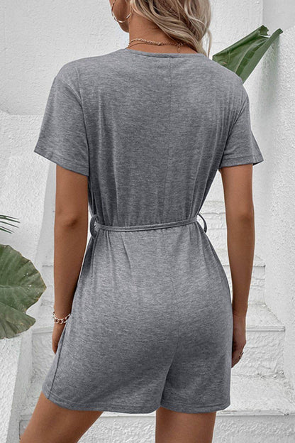 Perfee V-Neck Short Sleeve Tied Romper - Selvanelle