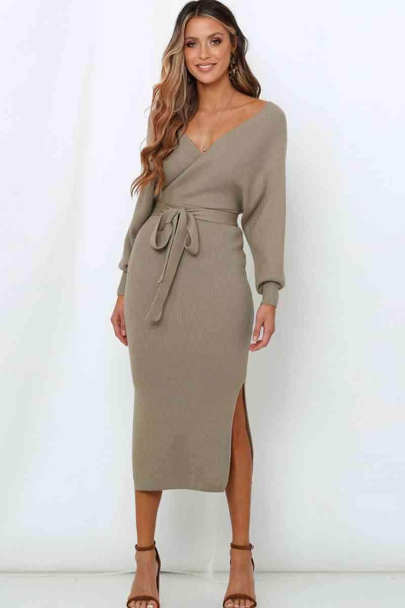Surplice Neck Bow Waist Slit Sweater Dress for Women - Selvanelle