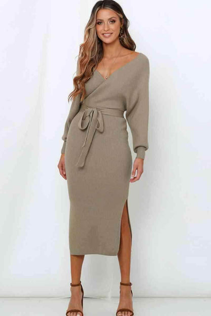 Surplice Neck Bow Waist Slit Sweater Dress for Women - Selvanelle