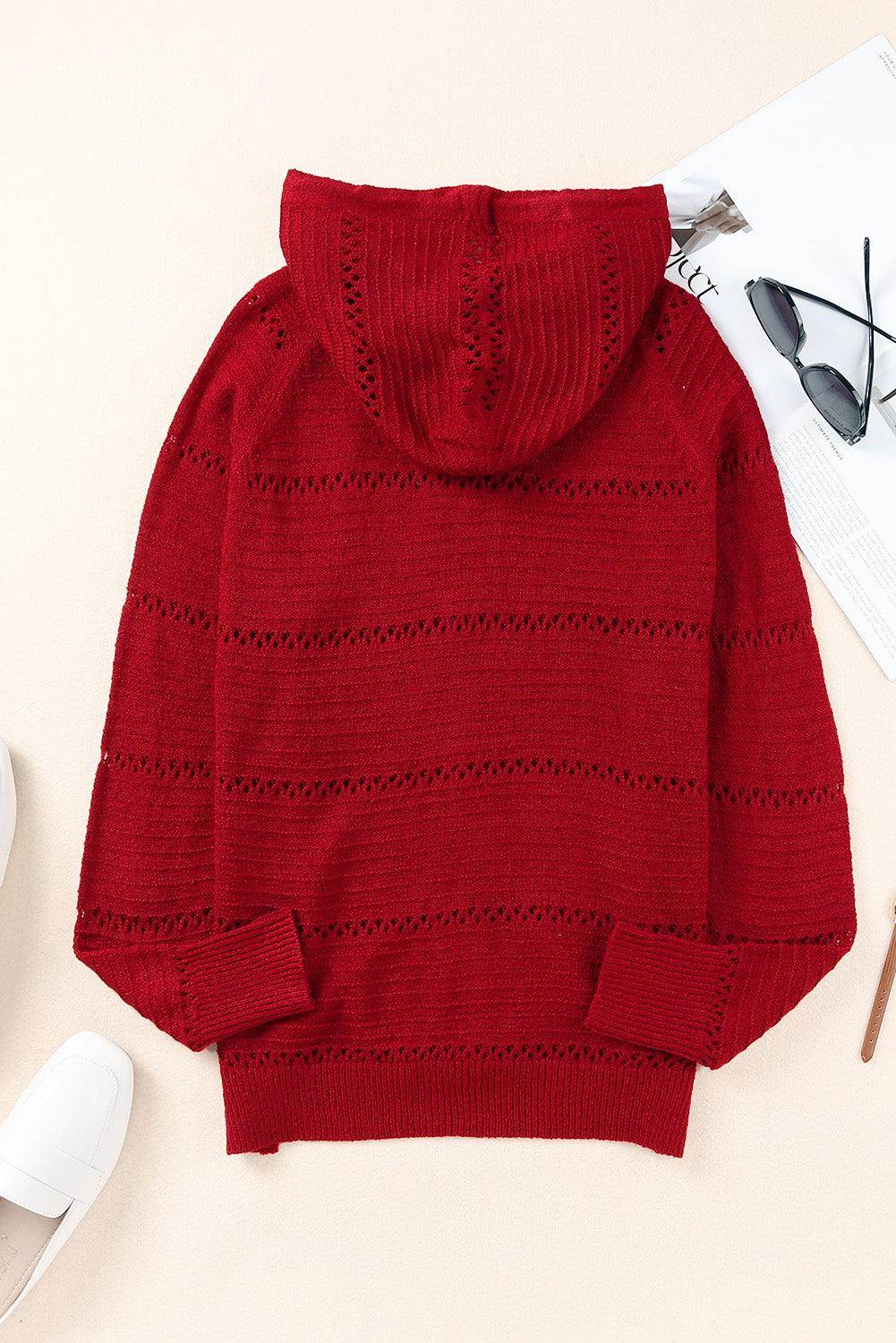 Zip-Up Raglan Sleeve Openwork Hooded Cardigan for Women - Selvanelle