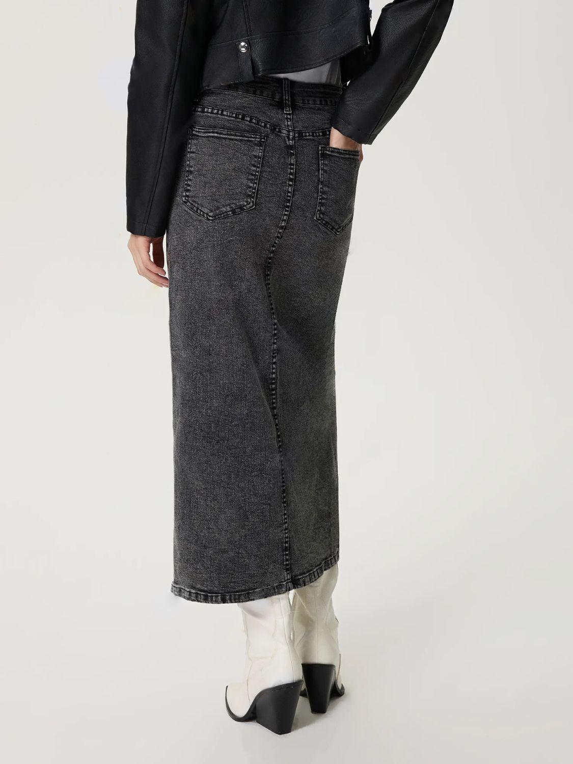 Slit Midi Denim Skirt with Pockets for Effortless Style