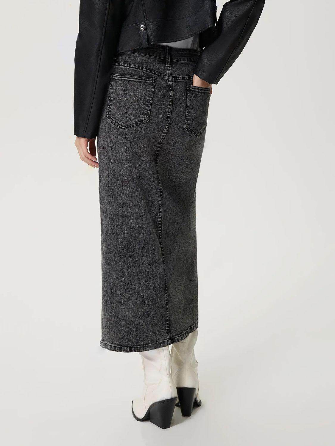 Slit Midi Denim Skirt with Pockets for Effortless Style - Selvanelle