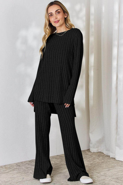 Basic Bae Full Size Ribbed High-Low Top and Wide Leg Pants Set - Selvanelle