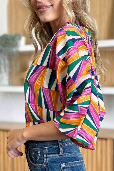 Double Take Full Size Geometric Notched Dolman Sleeve Top - Selvanelle