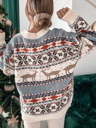 Geometric Round Neck Dropped Shoulder Sweater for Women - Selvanelle