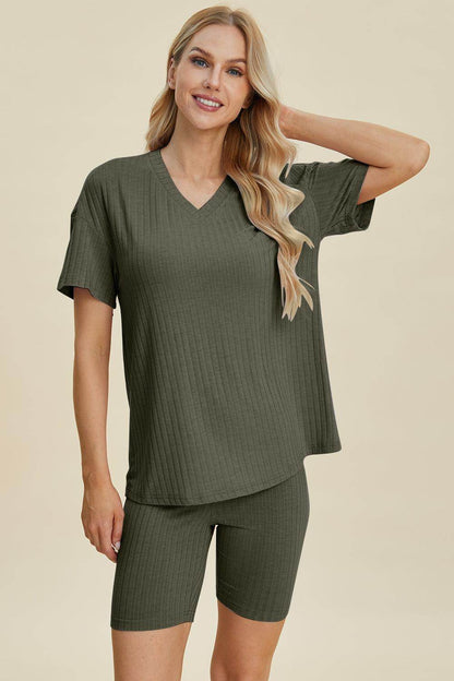 Basic Bae Full Size Ribbed V-Neck Top and Shorts Set For Women - Selvanelle