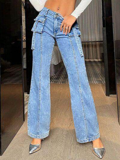 Mid Rise Straight Jeans with Cargo Pockets for Women - Selvanelle