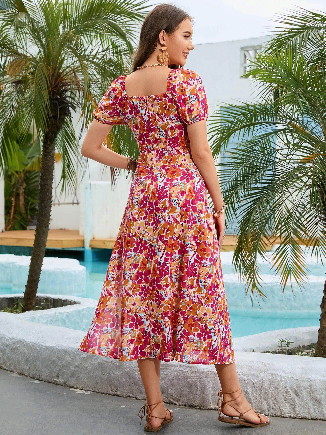 Floral Square Neck Short Sleeve Midi Dress for Women - Selvanelle