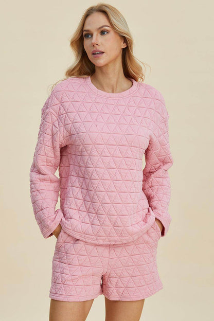Double Take Full Size Texture Round Neck Long Sleeve Top and Shorts Set for Women - Selvanelle