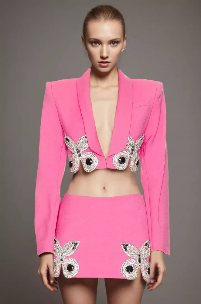 Girl’s Spliced Diamonds Two-Piece Set – Long Sleeve Blazer & Skirt