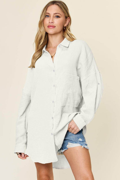Double Take Full Size Pocketed Texture Button Up Shirt - Selvanelle