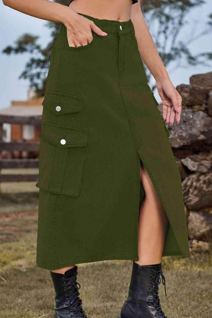 Slit Front Midi Denim Skirt with Pockets for Women - Selvanelle