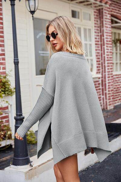 Slit V-Neck Dropped Shoulder Sweater for Effortless Style - Selvanelle