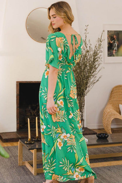 ODDI Full Size Floral Smocked Tied Back Maxi Dress Style - Selvanelle