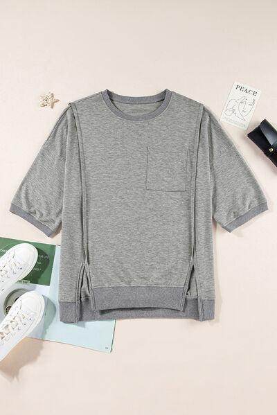 Exposed Seam Side Slit Round Neck Top for Women - Selvanelle