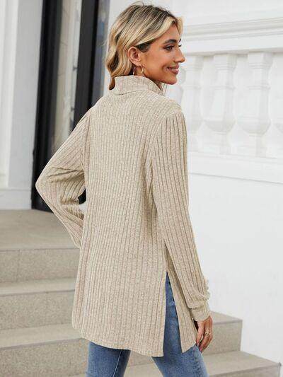 Slit Mock Neck Long Sleeve T-Shirt for Women with Pocket - Selvanelle