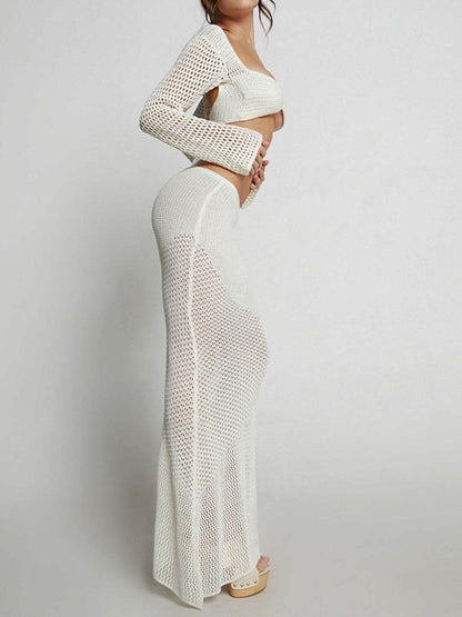 Tied Long Sleeve Top and Skirt Cover Up Set - Selvanelle