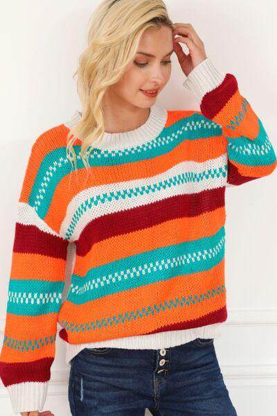 Contrast Striped Round Neck Long Sleeve Sweater for Women - Selvanelle