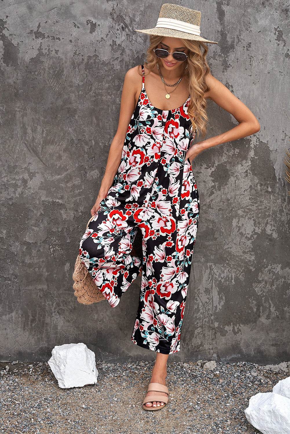 Botanical Print Spaghetti Strap Cropped Jumpsuit - Selvanelle