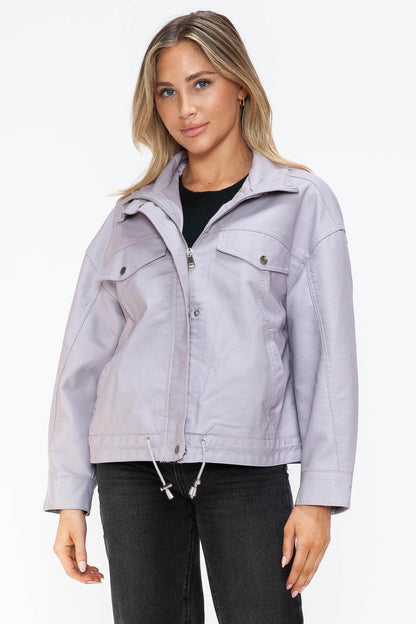 How Dare U Drawstring Hem PU Leather Zip Up Jacket Women - Selvanelle