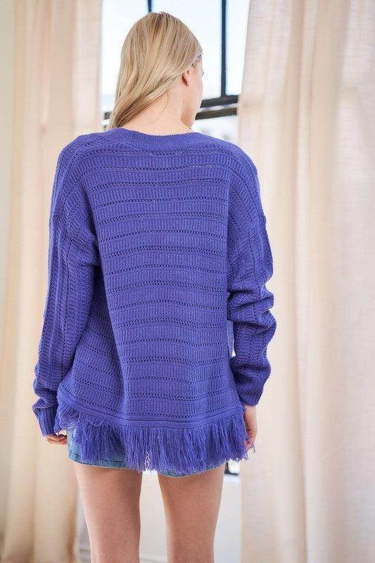 Davi & Dani Fringe V-Neck Button Up Long Sleeve Cardigan - Selvanelle