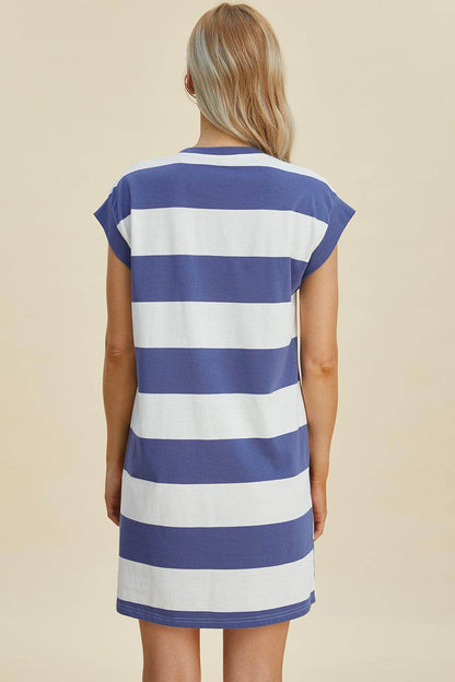 Basic Bae Full Size Striped Round Neck Cap Sleeve Mini Dress - Selvanelle