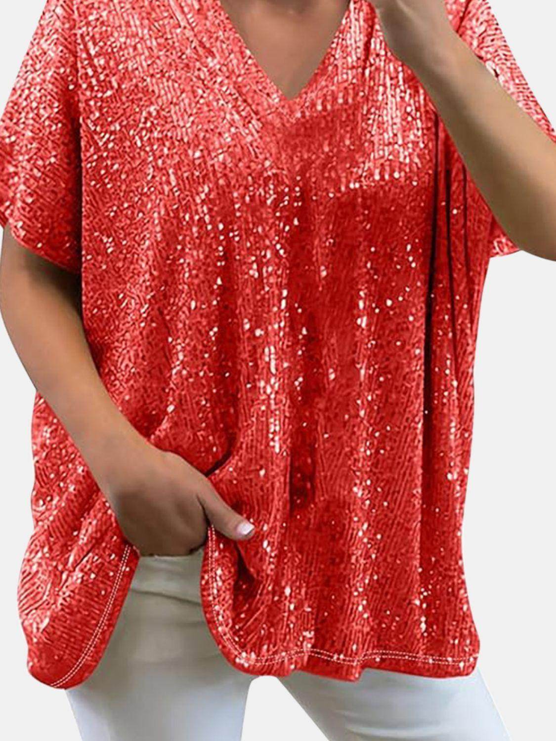 Full Size Sequin V-Neck Short Sleeve Top for Women - Selvanelle