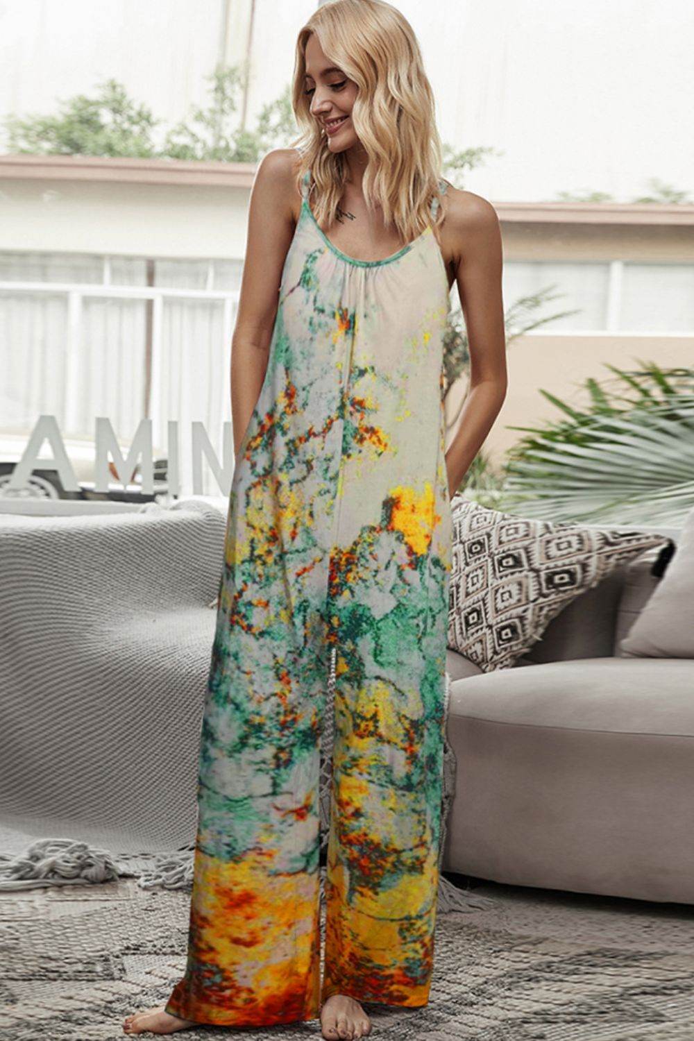 Shiny Tie-Dye Spaghetti Strap Jumpsuit with Pockets - Selvanelle
