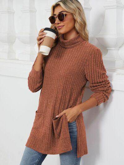 Slit Mock Neck Long Sleeve T-Shirt for Women with Pocket - Selvanelle