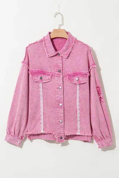Lace Detail Distressed Raw Hem Long Sleeve Denim Jacket - Selvanelle