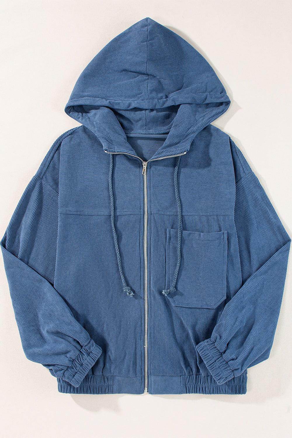 Corduroy Zip Up Long Sleeve Hooded Jacket for Women - Selvanelle