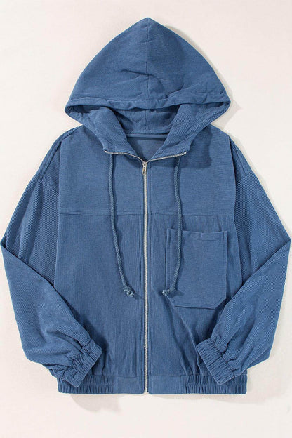 Corduroy Zip Up Long Sleeve Hooded Jacket for Women - Selvanelle
