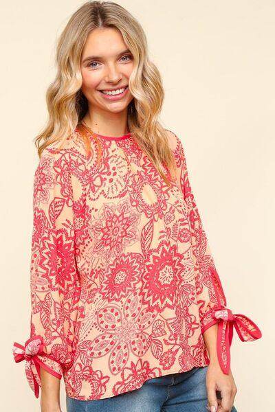 Haptics Ribbon Bow Detail Floral Round Neck Blouse for Women - Selvanelle