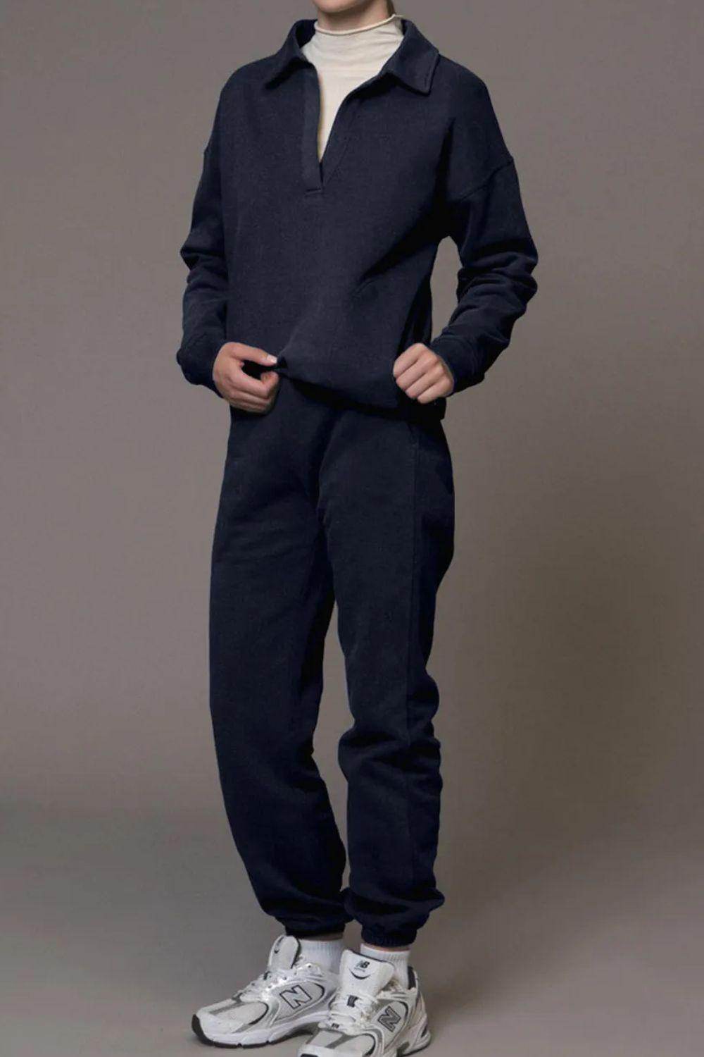 Johnny Collar Long Sleeve Top and Joggers Active Set for All Day Comfort - Selvanelle