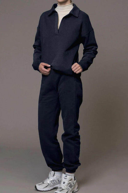 Johnny Collar Long Sleeve Top and Joggers Active Set for All Day Comfort - Selvanelle