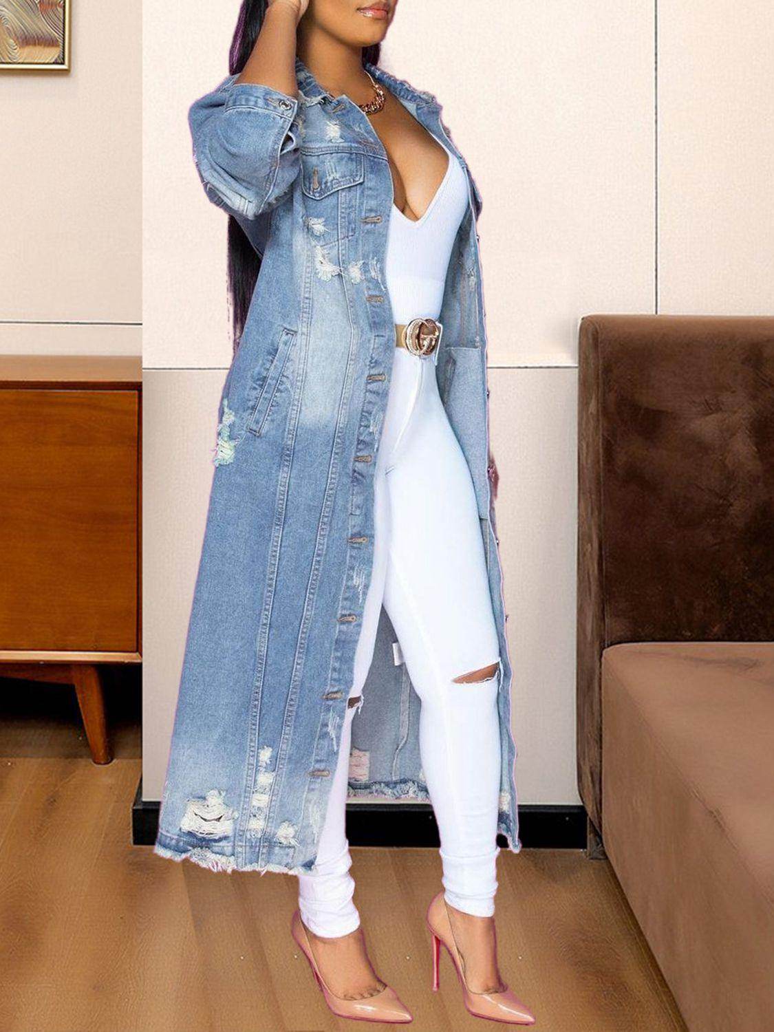 Chic Long Sleeve Raw Hem Denim Jacket for Stylish Women - Selvanelle