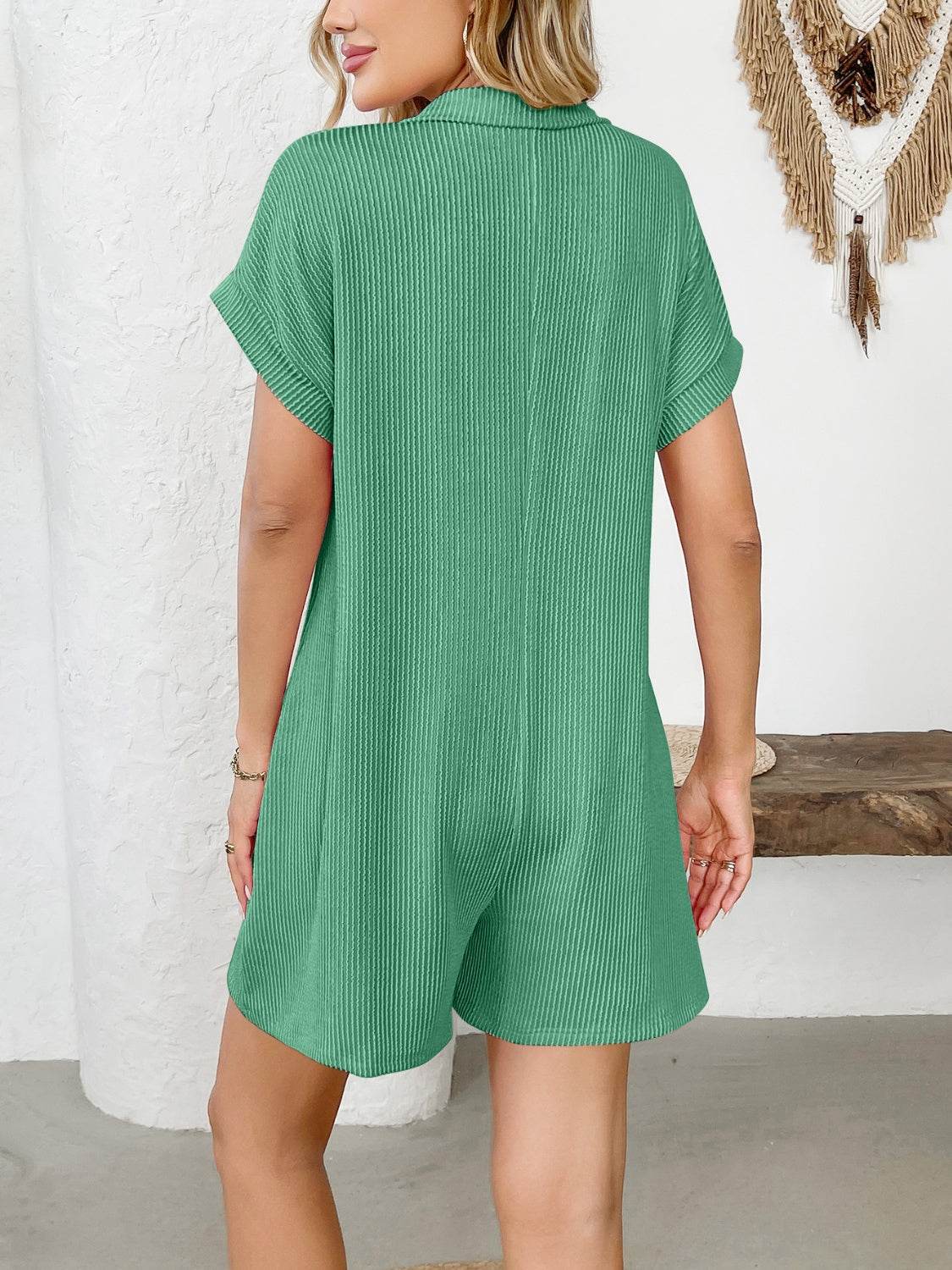 Button Detail Collared Neck Short Sleeve Romper - Selvanelle