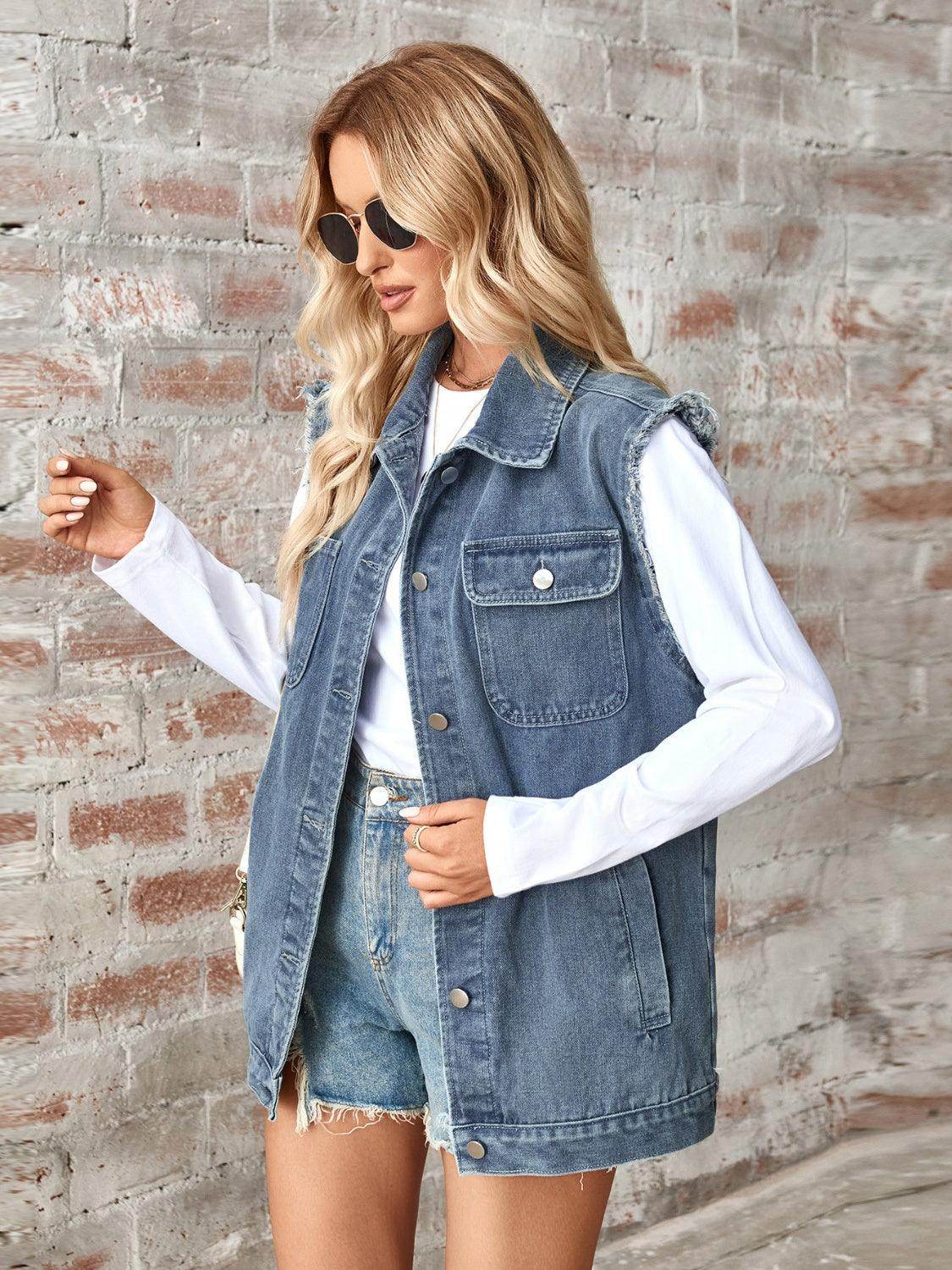 Raw Hem Sleeveless Button Up Denim Jacket for Women - Selvanelle