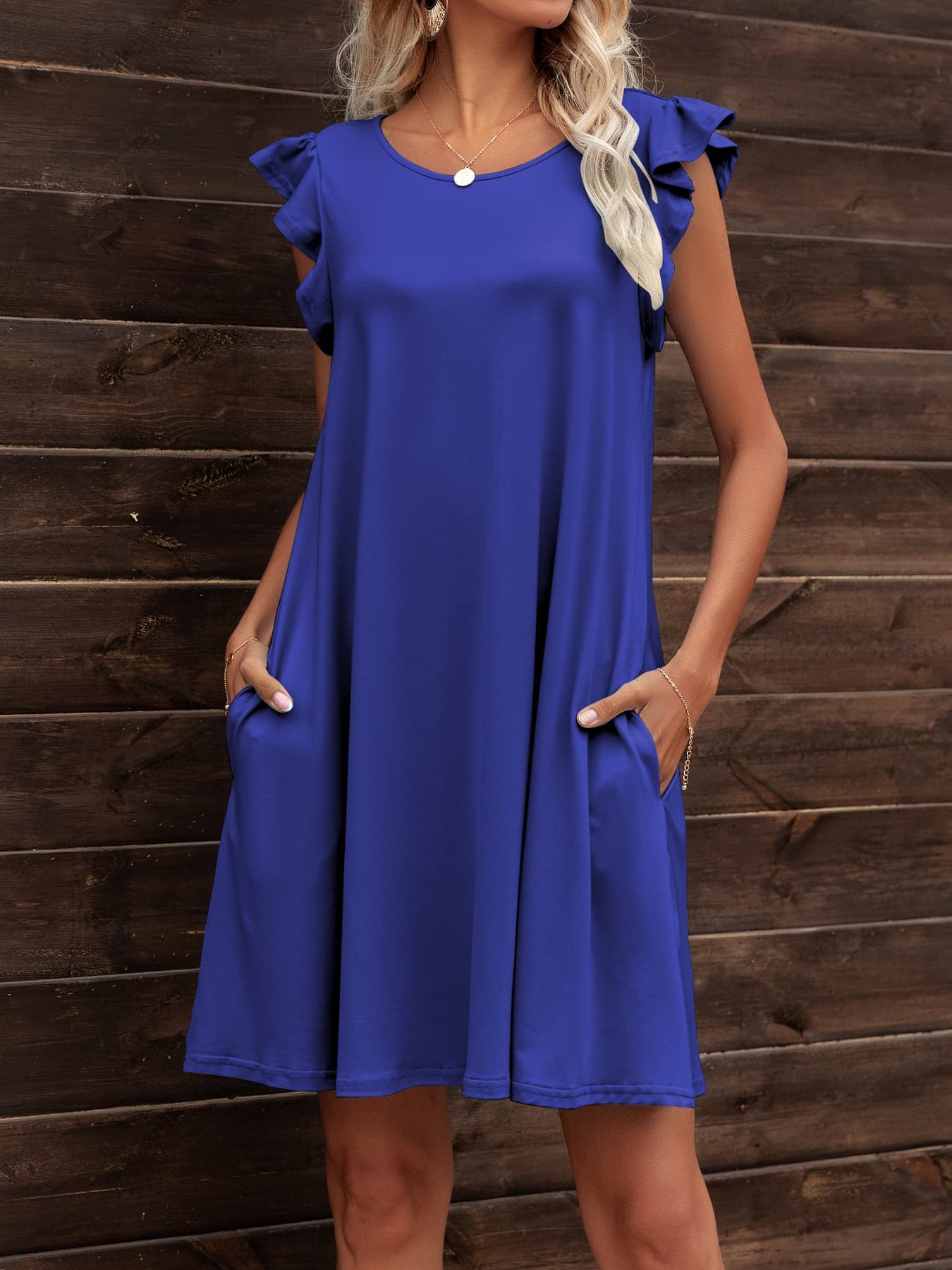 Round Neck Flutter Sleeve Dress with Pockets