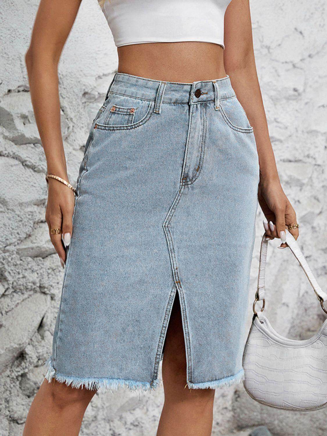 Raw Hem Slit Denim Skirt for Trendy Casual Wear - Selvanelle
