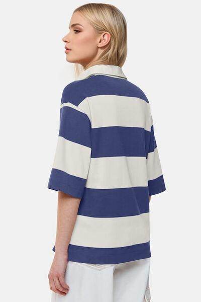 Oh Pima Cotton Wash Color Block Johnny Collar Half Sleeve Top - Selvanelle