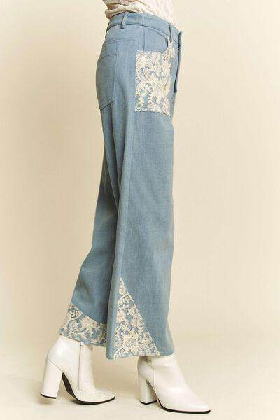 Davi & Dani Lace Applique Wide Leg Jeans for Women - Selvanelle