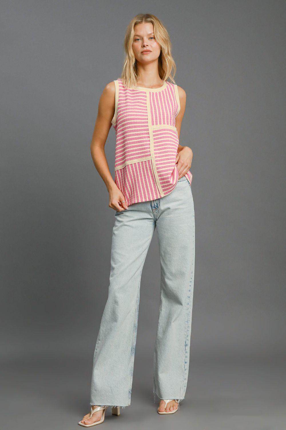 Umgee Round Neck Texture Striped Tank for Casual Style - Selvanelle