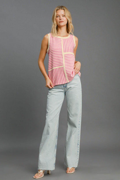 Umgee Round Neck Texture Striped Tank for Casual Style - Selvanelle