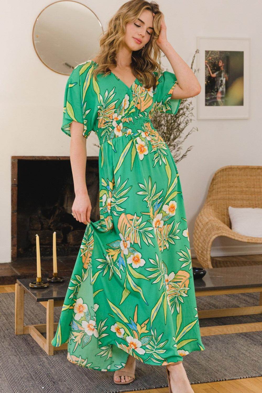 ODDI Full Size Floral Smocked Tied Back Maxi Dress Style - Selvanelle