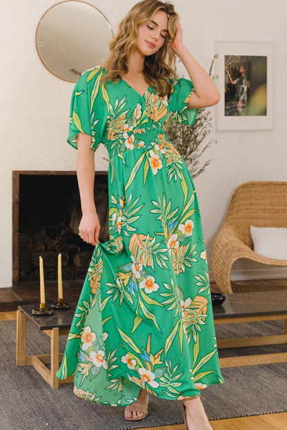 ODDI Full Size Floral Smocked Tied Back Maxi Dress Style - Selvanelle