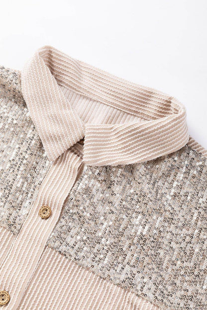 Sequin Button Up Dropped Shoulder Jacket for Women - Selvanelle