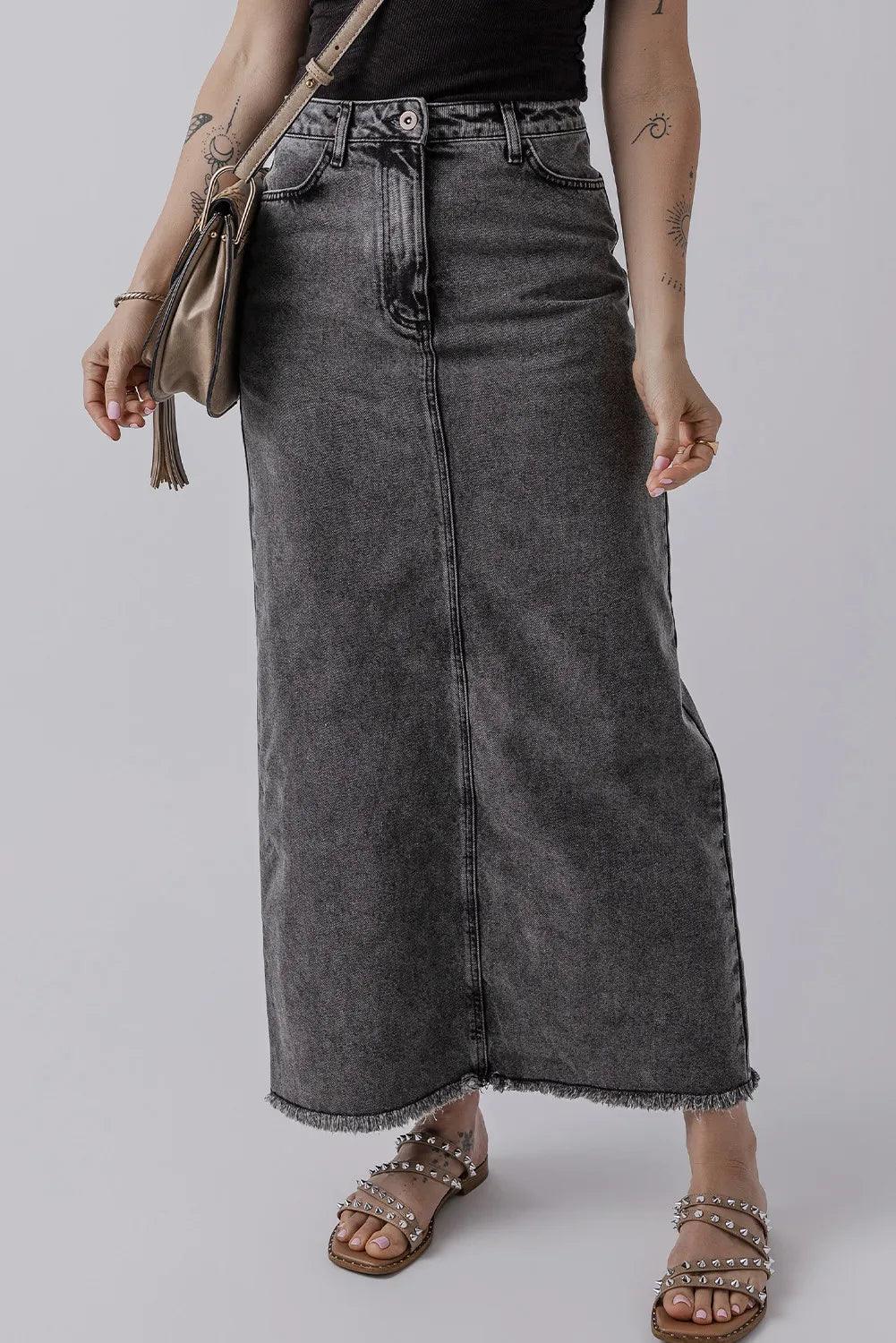 Raw Hem Midi Denim Skirt with Pockets for Women