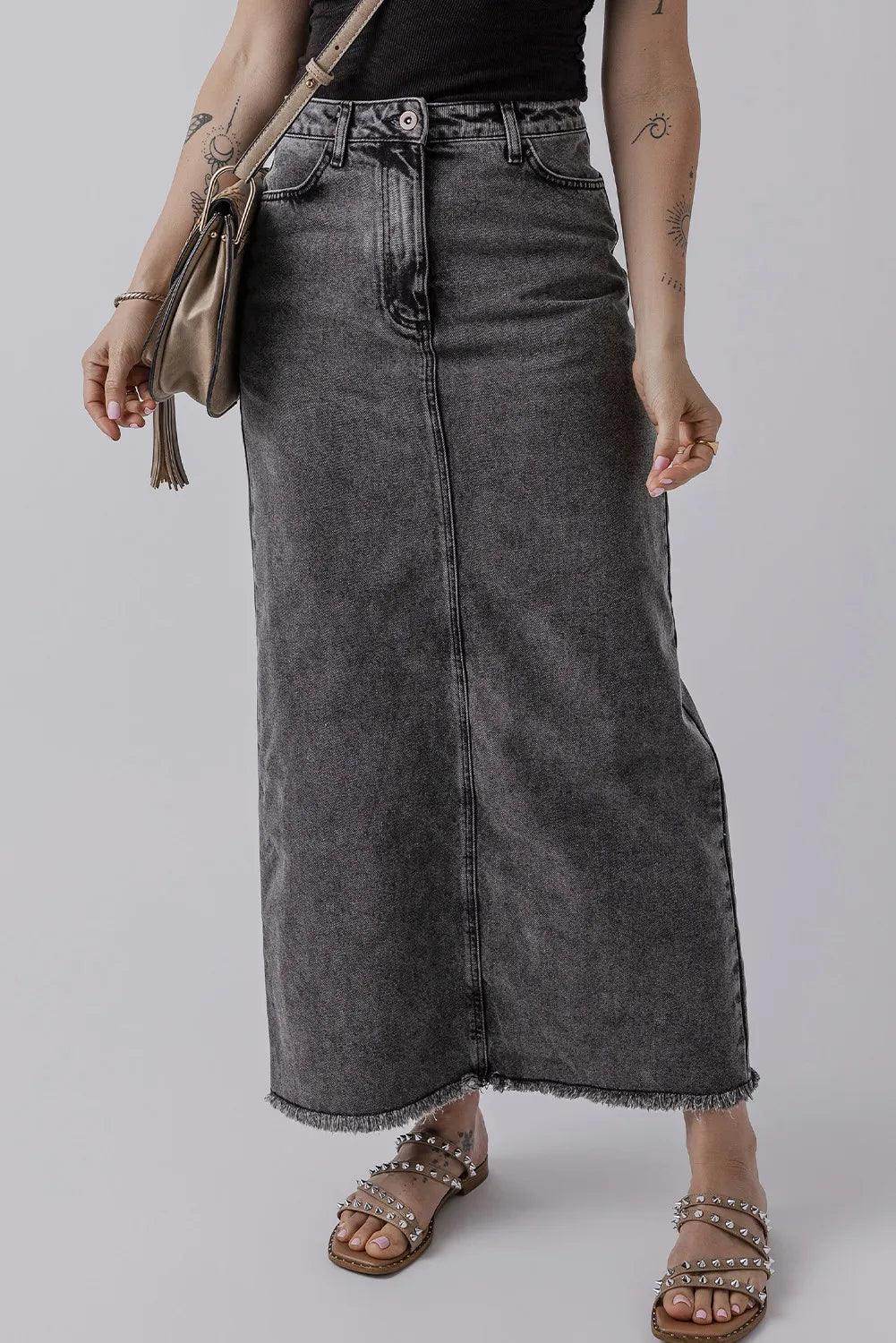 Raw Hem Midi Denim Skirt with Pockets for Women - Selvanelle