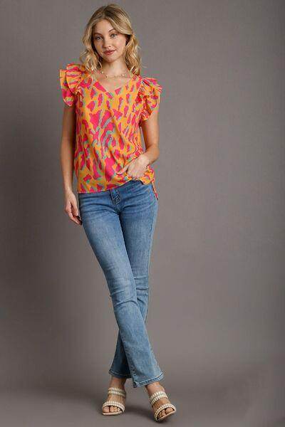 Umgee Full Size Abstract Print V-Neck Ruffle Sleeve Blouse - Selvanelle